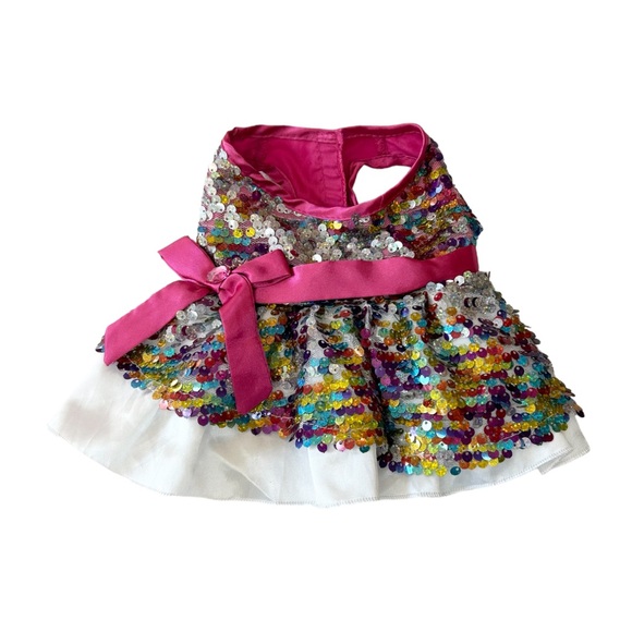 Build A Bear Sequin Dress Multicolor Sparkly Ruffle Pink Bow Dress - Picture 1 of 7